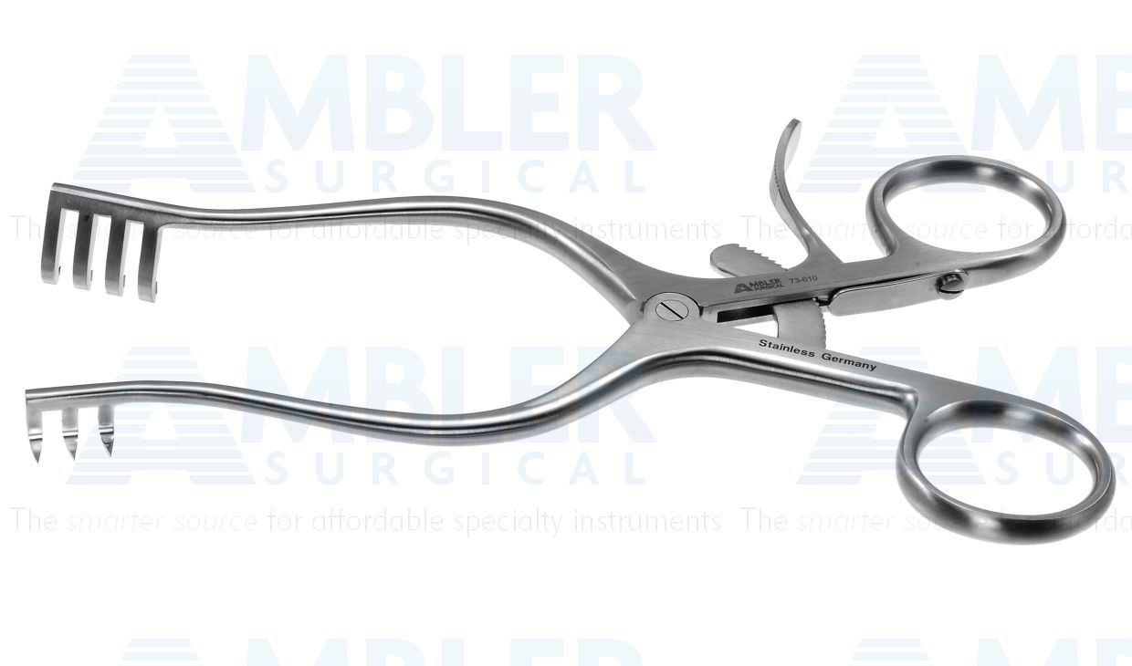 Weitlaner self-retaining retractor, 6 1/2'',3x4 sharp prongs, ring handle with ratchet catch