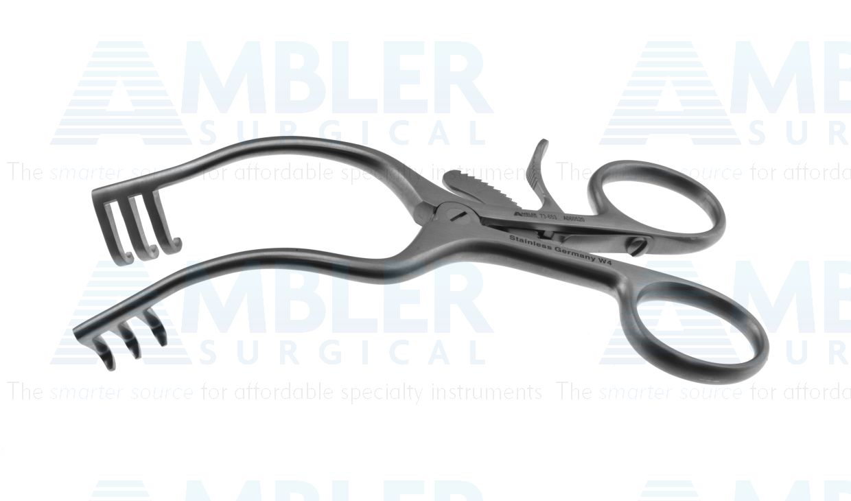 Wullstein-Weitlaner self-retaining retractor, 5 1/8'',3x3 blunt prongs, 14.0mm long, 35.0mm spread, ring handle with ratchet catch