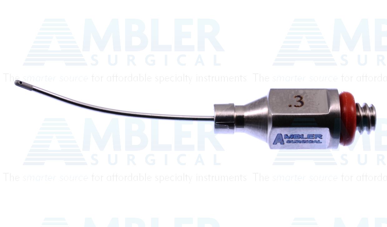 Bimanual aspiration tip, 23 gauge, curved shaft, 0.3mm single aspiration port, sandblasted, for use with Ambler # 7650E