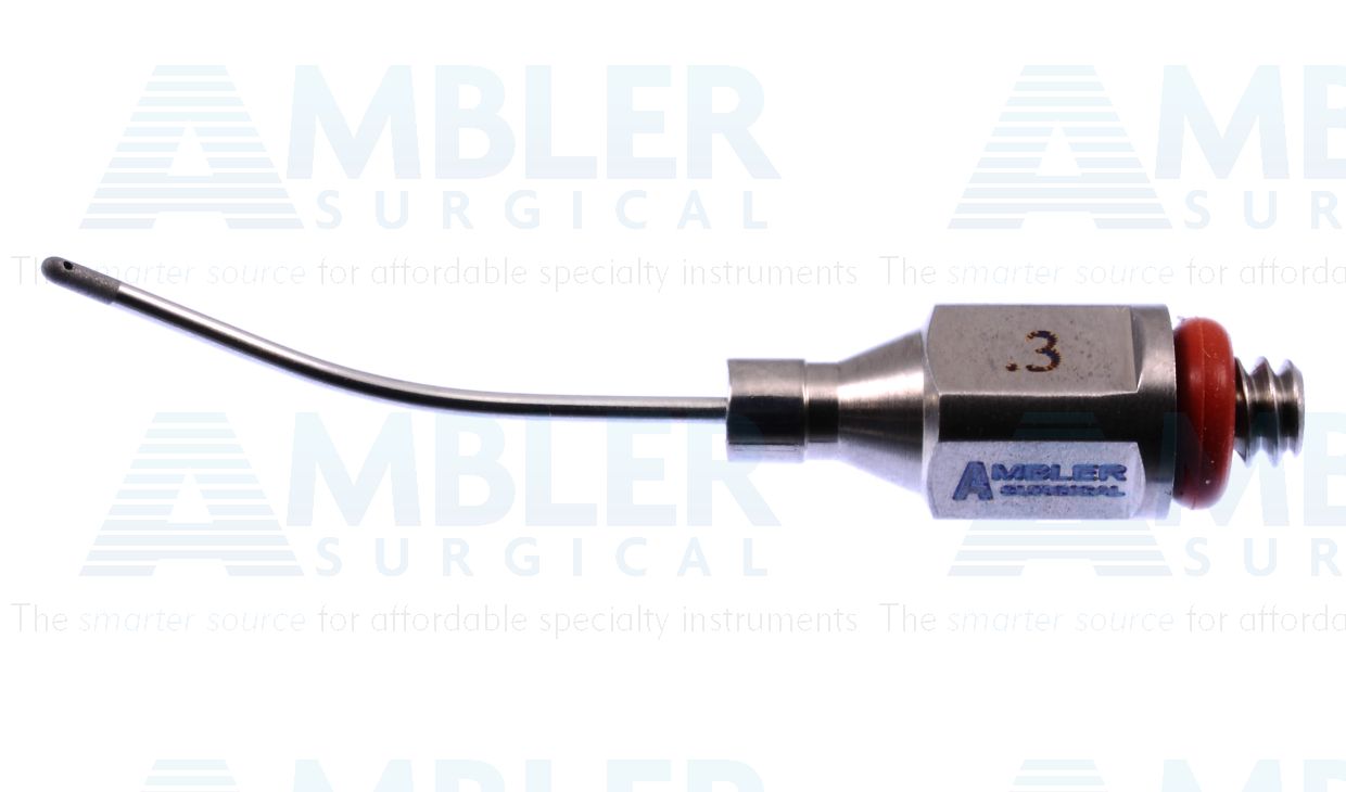 Bimanual aspiration tip, 21 gauge, curved shaft, 0.3mm single aspiration port, sandblasted, for use with Ambler # 7650E
