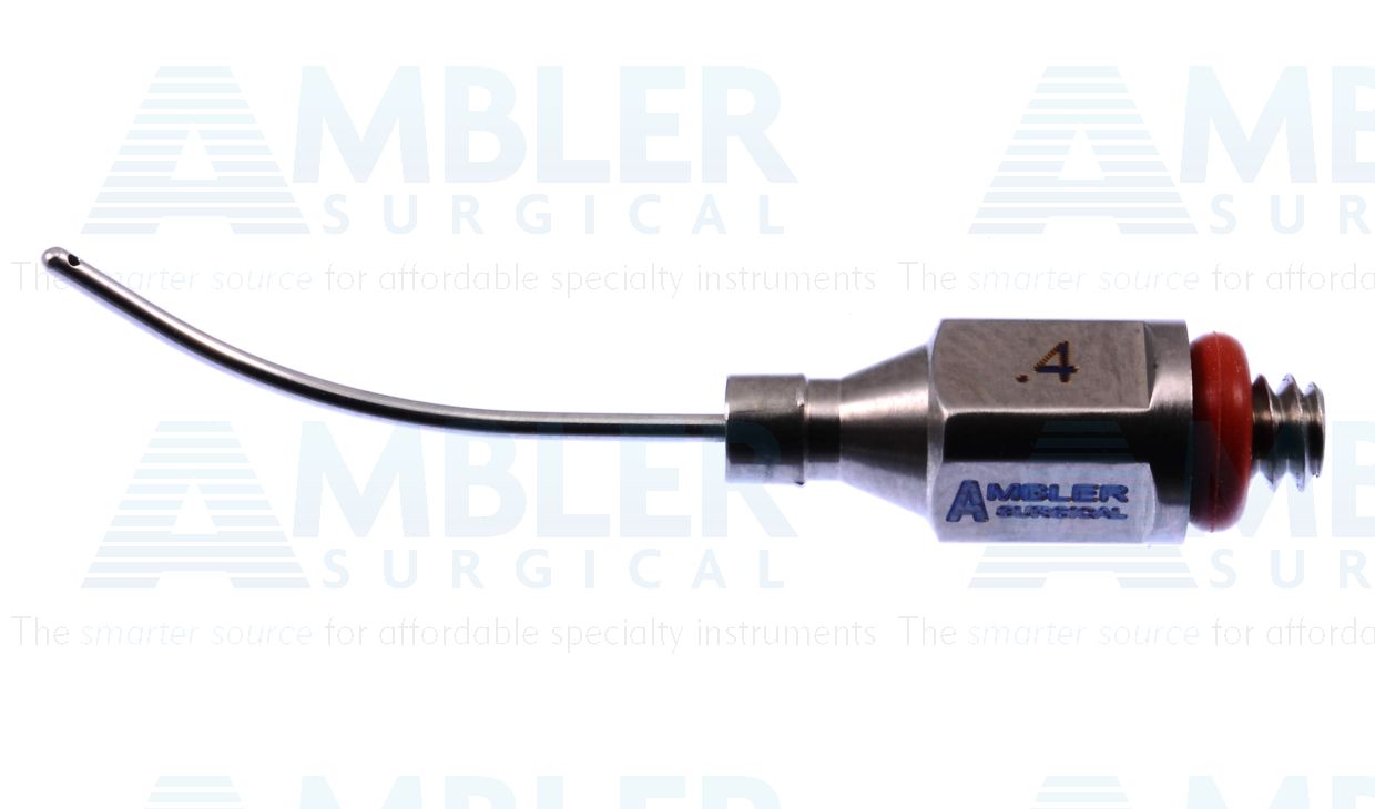 Bimanual aspiration tip, 21 gauge, curved shaft, 0.4mm single aspiration port, for use with Ambler # 7650E