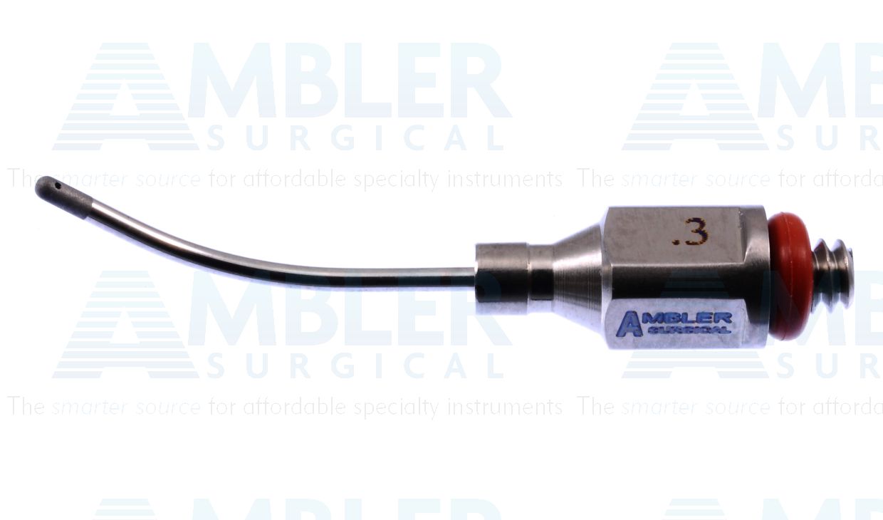 Bimanual aspiration tip, 19 gauge, curved shaft, 0.3mm single aspiration port, sandblasted, for use with Ambler # 7650E