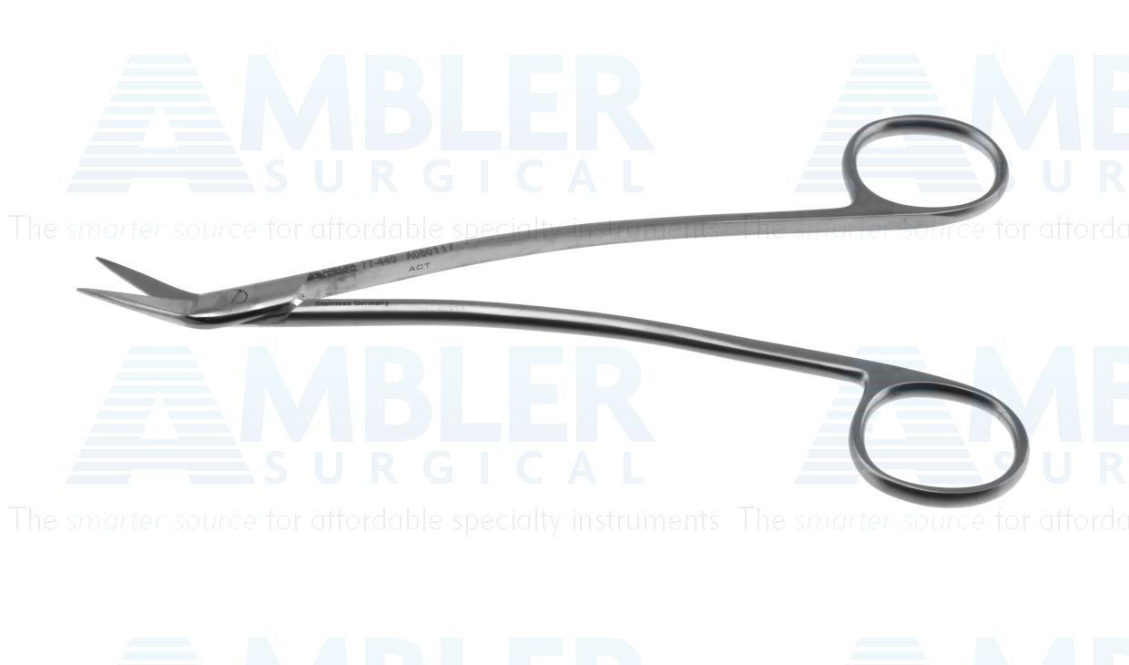 Converse dural scissors, 6 3/8'',curved shanks, angled blades, serrated bottom blade, blunt tips, ring handle