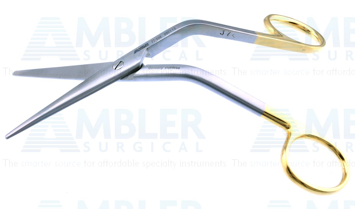 Cottle dorsal scissors, 6 1/4'',heavy, angled shanks, straight TC blades, serrated bottom blade, blunt tips, gold ring handle