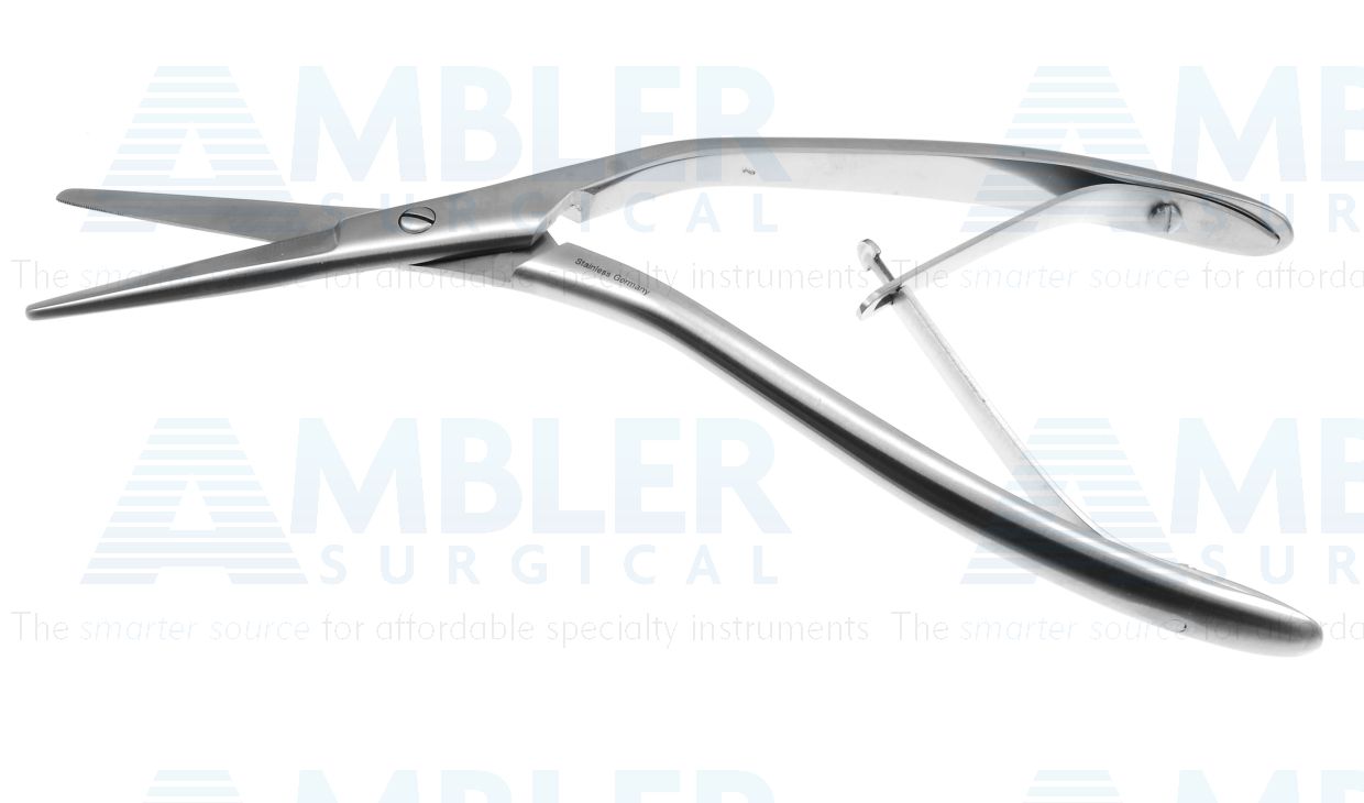 Cottle septum scissors, 6 7/8'',heavy, angled shanks, straight blades, micro serrated lower blade, blunt tips, spring handle