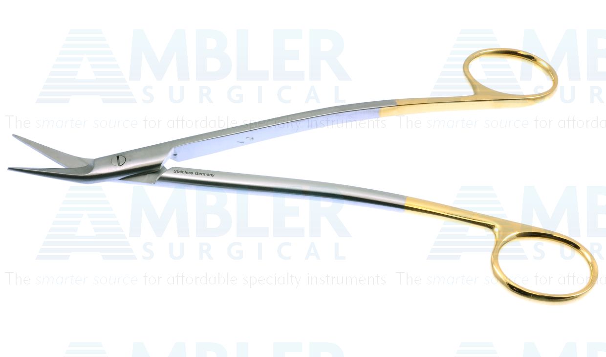 Dean tonsil scissors, 6 3/4'',curved shanks, angled TC blades, serrated bottom blade, blunt tips, gold ring handle