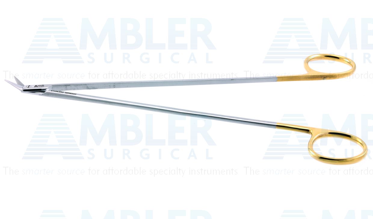 Diethrich coronary artery scissors, 7'',angled 45º TC blades, micro serrated lower blade, sharp tips, gold ring handle