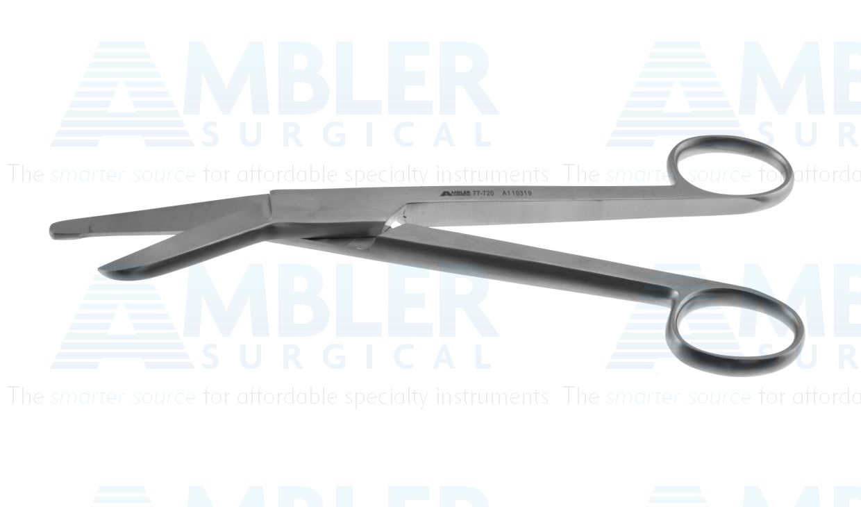 Esmarch plaster scissors, 8'',heavy, angled blades, probe point tip, one large ring handle