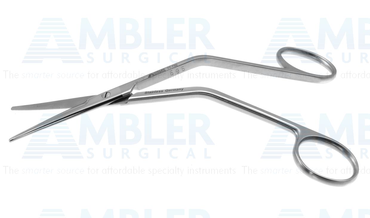 Fomon dorsal scissors, 5 3/8'',angled shanks, straight blades, blunt tips, ring handle