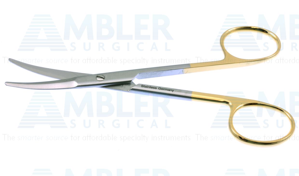 Fomon nasal scissors, 5'',curved TC beveled blades, serrated bottom blade, semi-sharp edges, blunt tips, gold ring handle