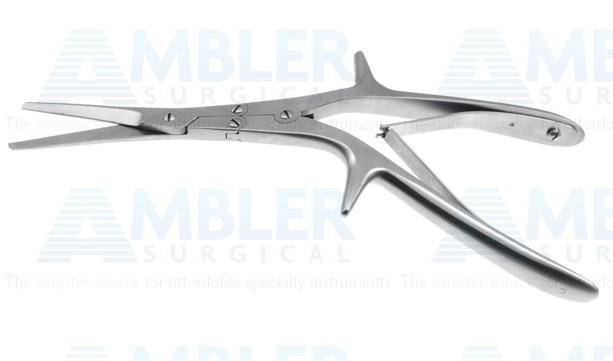 Gorney turbinate scissors, 8'',double-action, angled shanks, long, narrow, straight blades, serrated bottom blade, blunt tips, spring handle