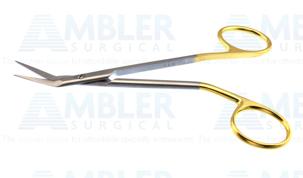 Guinta nasal scissors, 5 1/4'',angled TC blades, serrated lower blade, blunt tips, angled gold ring handle