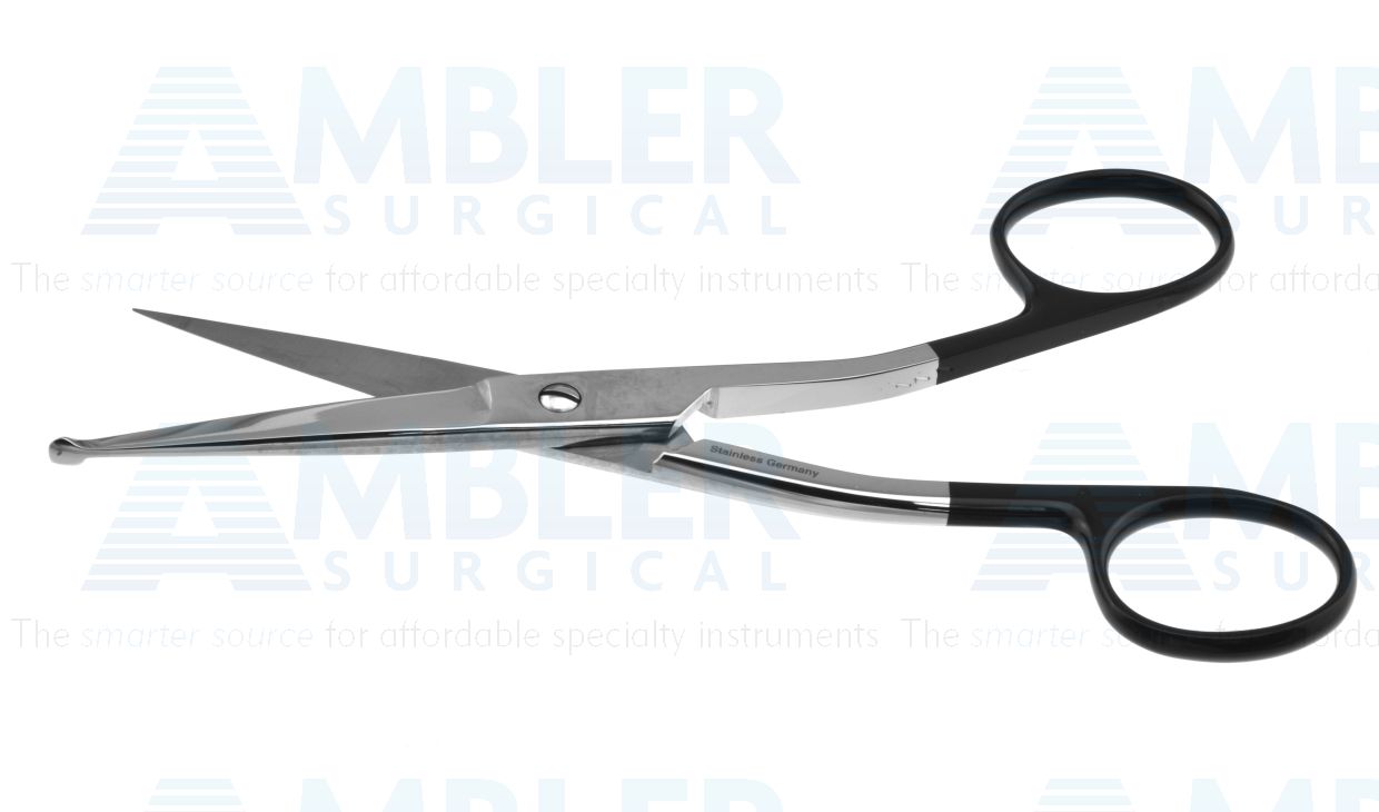 Hi-level bandage scissors, 5 1/2'',angled shanks, straight Superior-Cut blades, probe point tip, black ring handle