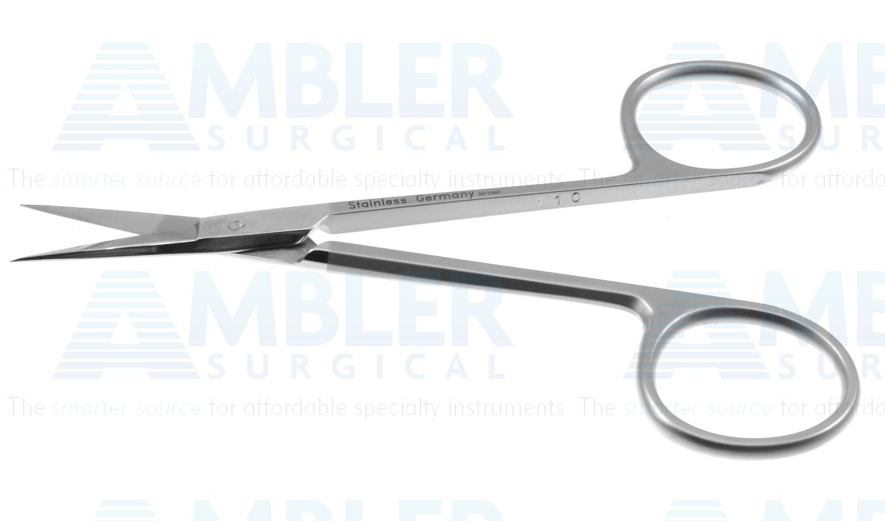 Iris scissors, 4 1/8'',delicate, straight Superior-Cut blades, micro serrated lower blade, sharp tips, frosted ring handle