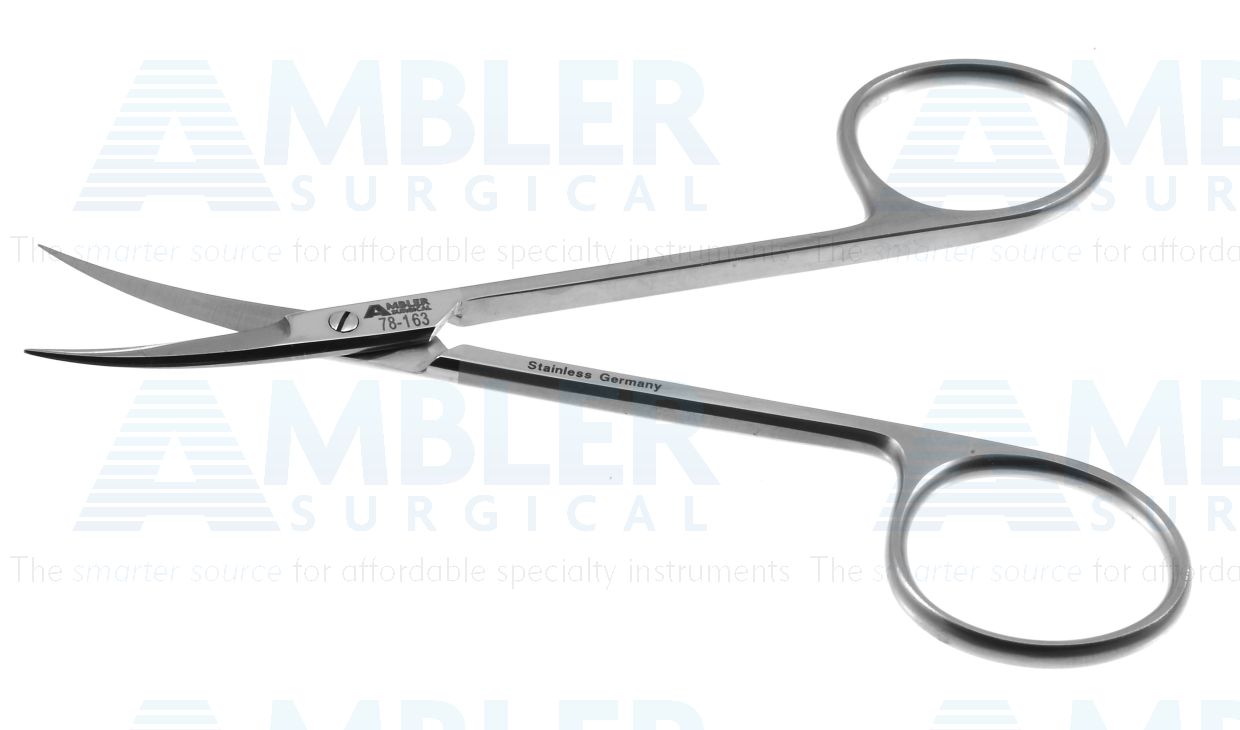 Iris scissors, 4 1/8'',delicate, curved Superior-Cut blades, micro serrated lower blade, sharp tips, frosted ring handle