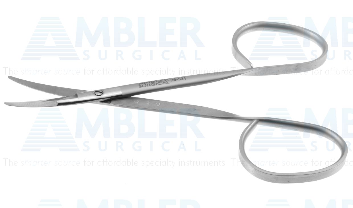 Kaye fine dissecting scissors, 4 1/2'',curved beveled blades, micro serrated lower blade, blunt tips, ribbon handle