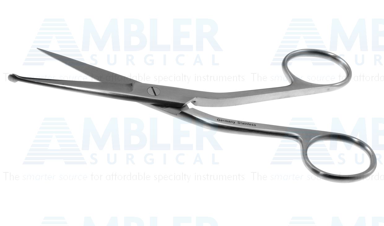 Knowles bandage scissors, 5 1/2'',angled shanks, straight blades, probe point tip, ring handle