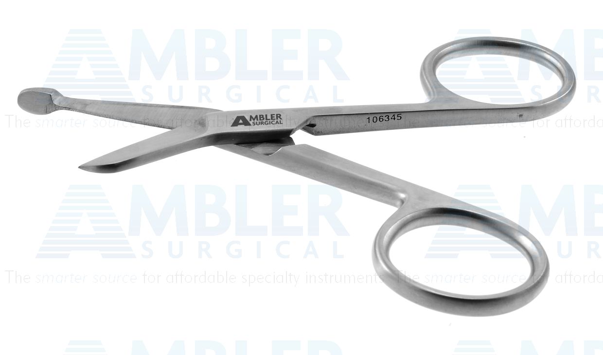 Lister bandage scissors, 3 1/2'',angled blades, probe point tip, ring handle