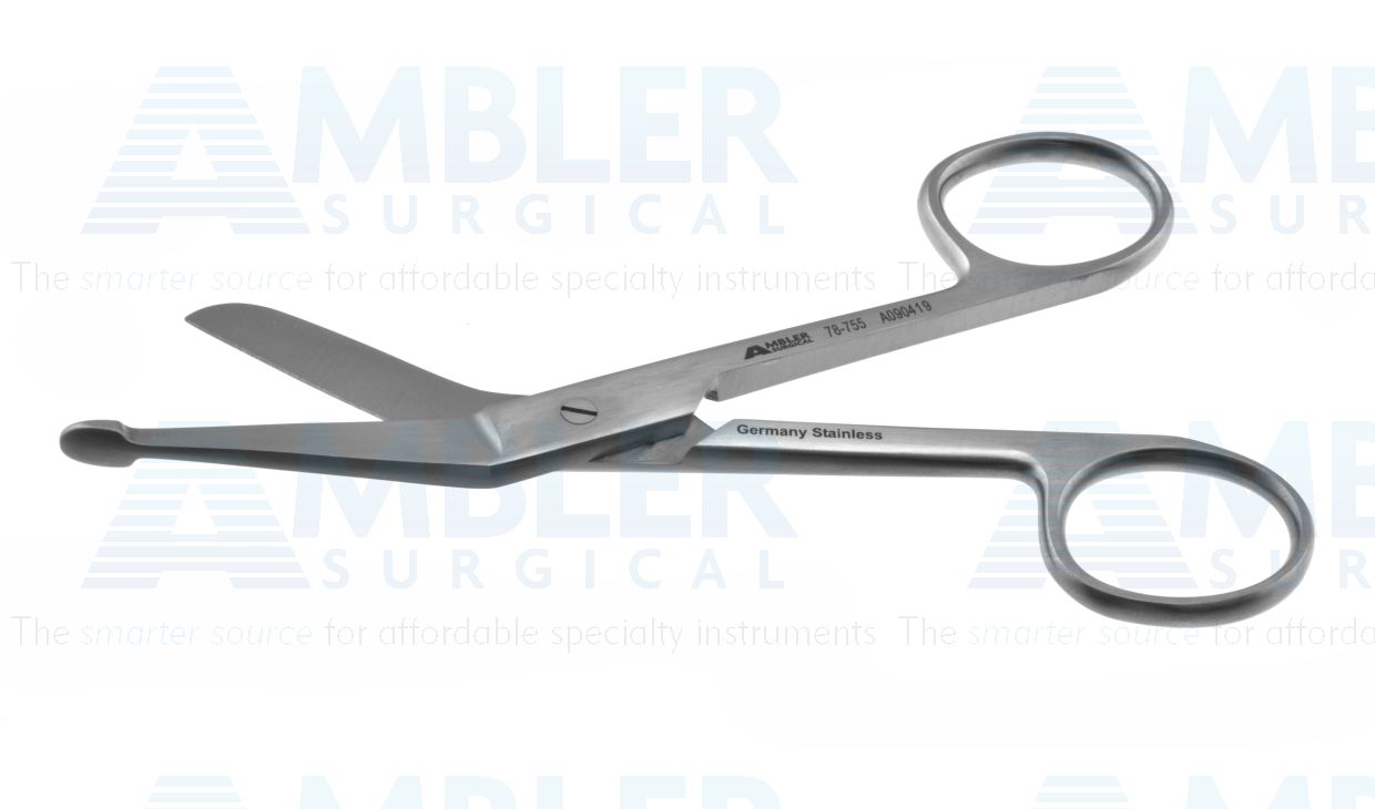 Lister bandage scissors, 4 1/2'',angled blades, probe point tip, ring handle