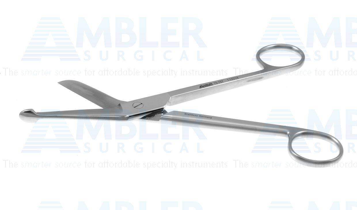 Lister bandage scissors, 7 1/4'',angled Superior-Cut blades, probe point tip, micro serrrated bottom blade, frosted ring handle