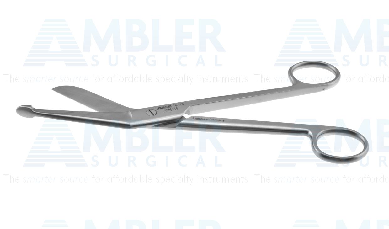 Lister bandage scissors, 8'',angled blades, probe point tip, ring handle