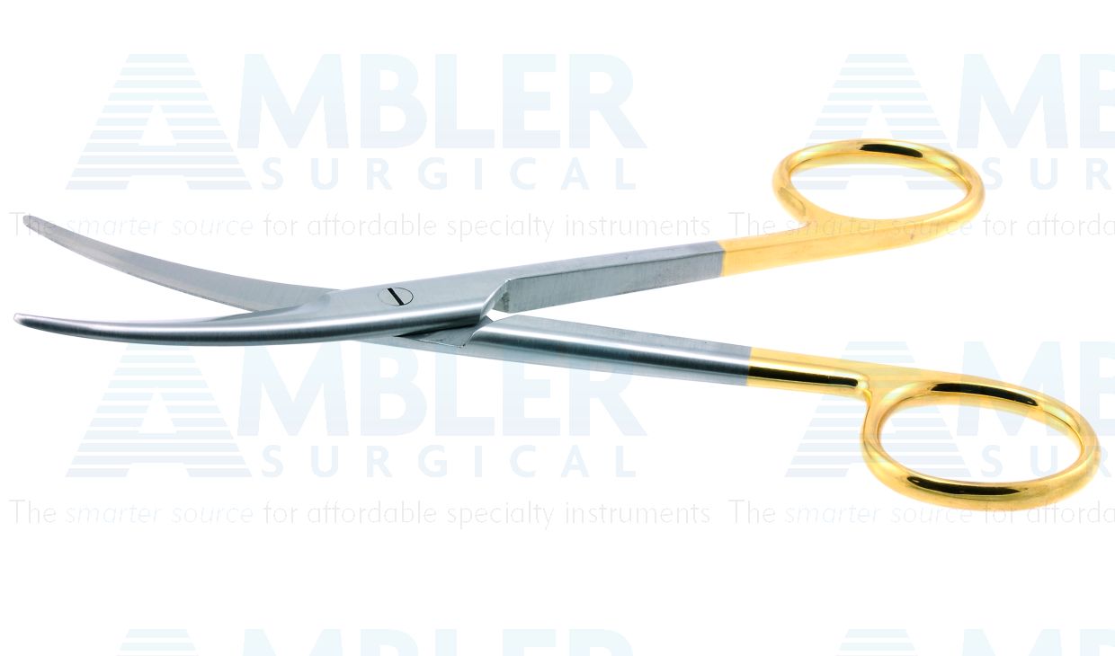 Mayo dissecting scissors, 5 1/2'',curved TC beveled blades, micro serrated lower blade, blunt tips, gold ring handle