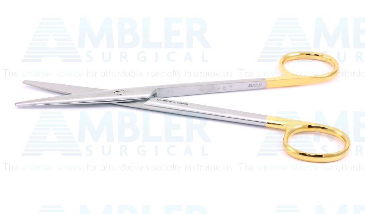 Mayo-Stille dissecting scissors, 6 3/4'',straight TC rounded blades, micro serrated lower blade, blunt tips, gold ring handle