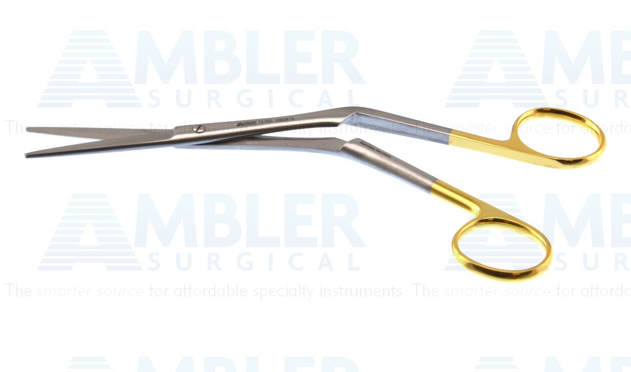 Septal scissors, 7 1/2'',angled shanks, straight TC blades, blunt tips, gold ring handle