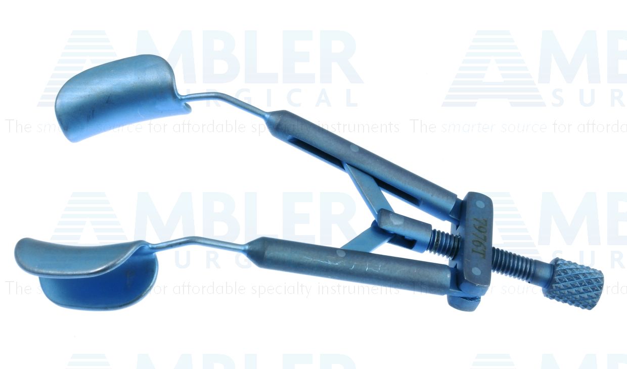 Kershner reversible lid speculum, 2 7/8'',adult size, thin, 15.0mm solid blades, nasal or temporal approach, adjustable thumb-screw tension, titanium