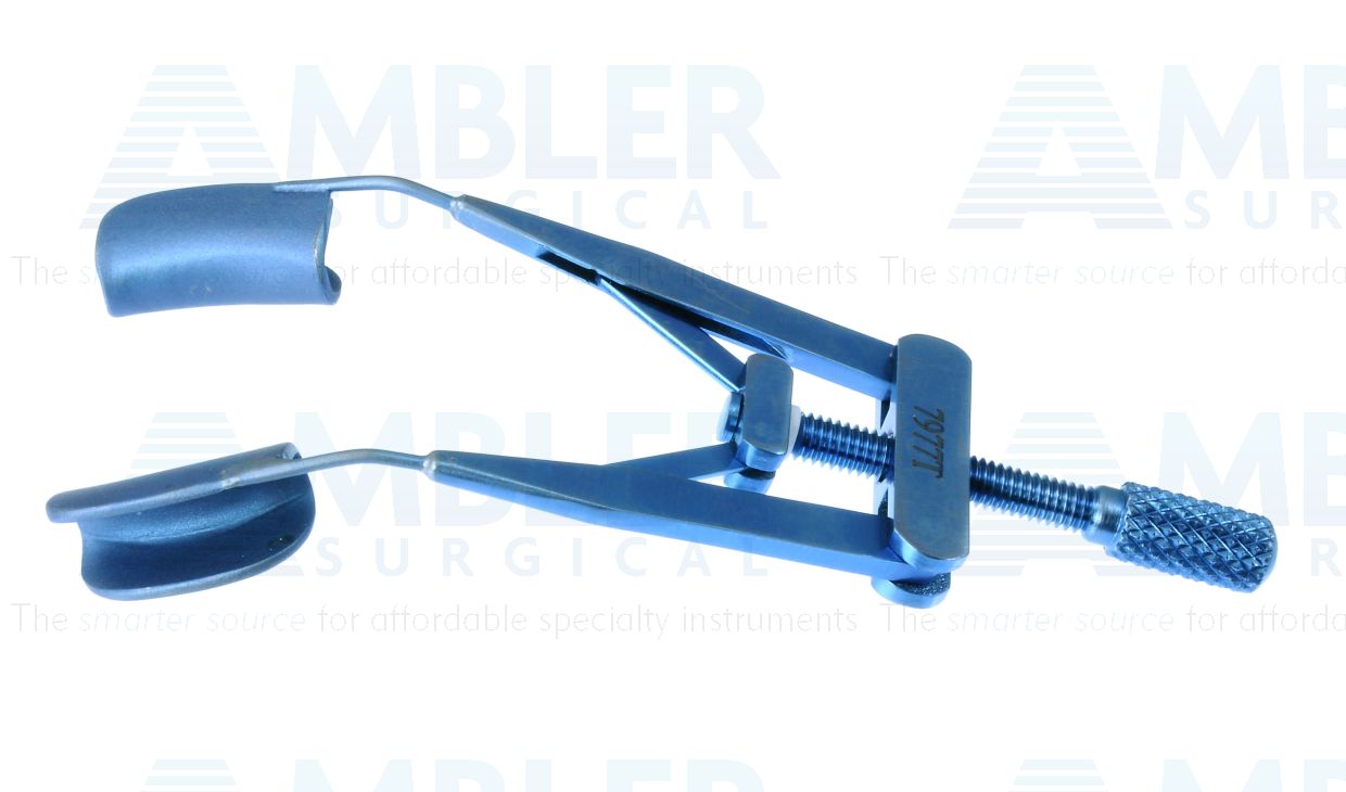 Lieberman lid speculum, 3'',adult size, thin, 14.0mm solid blades, nasal approach, adjustable thumb-screw tension, titanium
