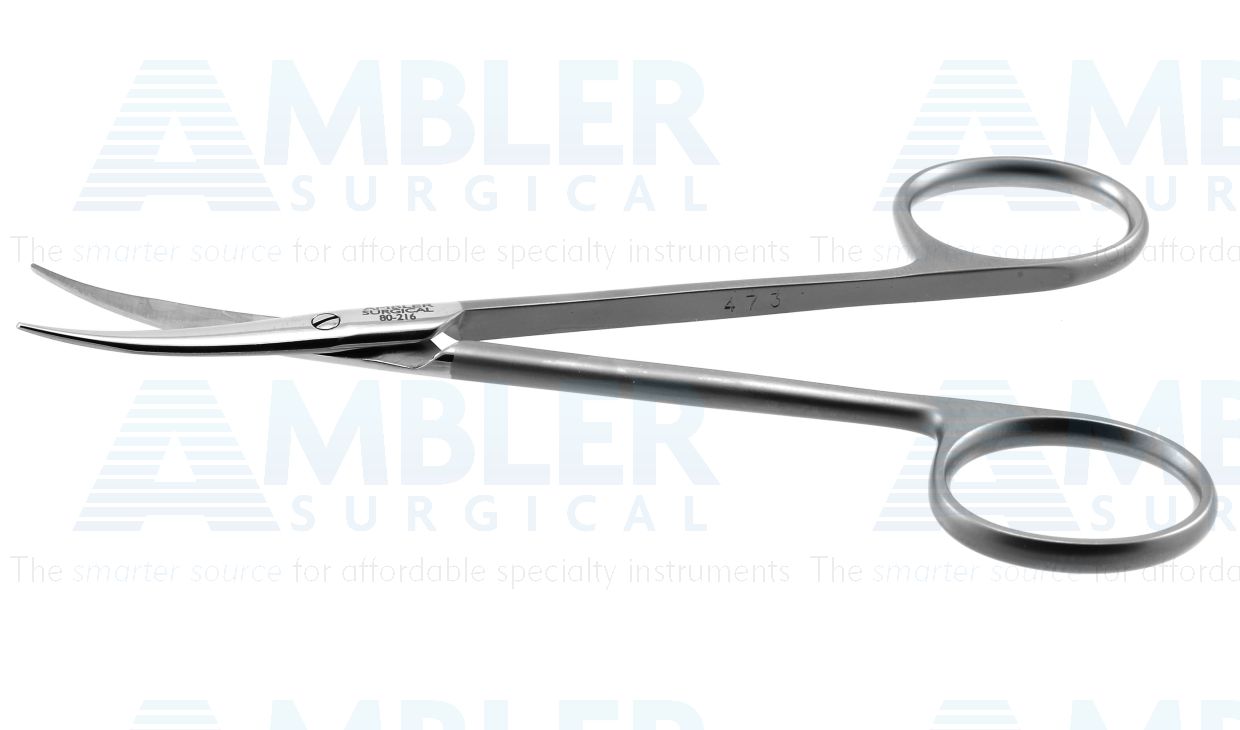 Stevens tenotomy scissors, 4 1/2'',curved Superior-Cut blades, micro serrated lower blade, blunt tips, frosted ring handle