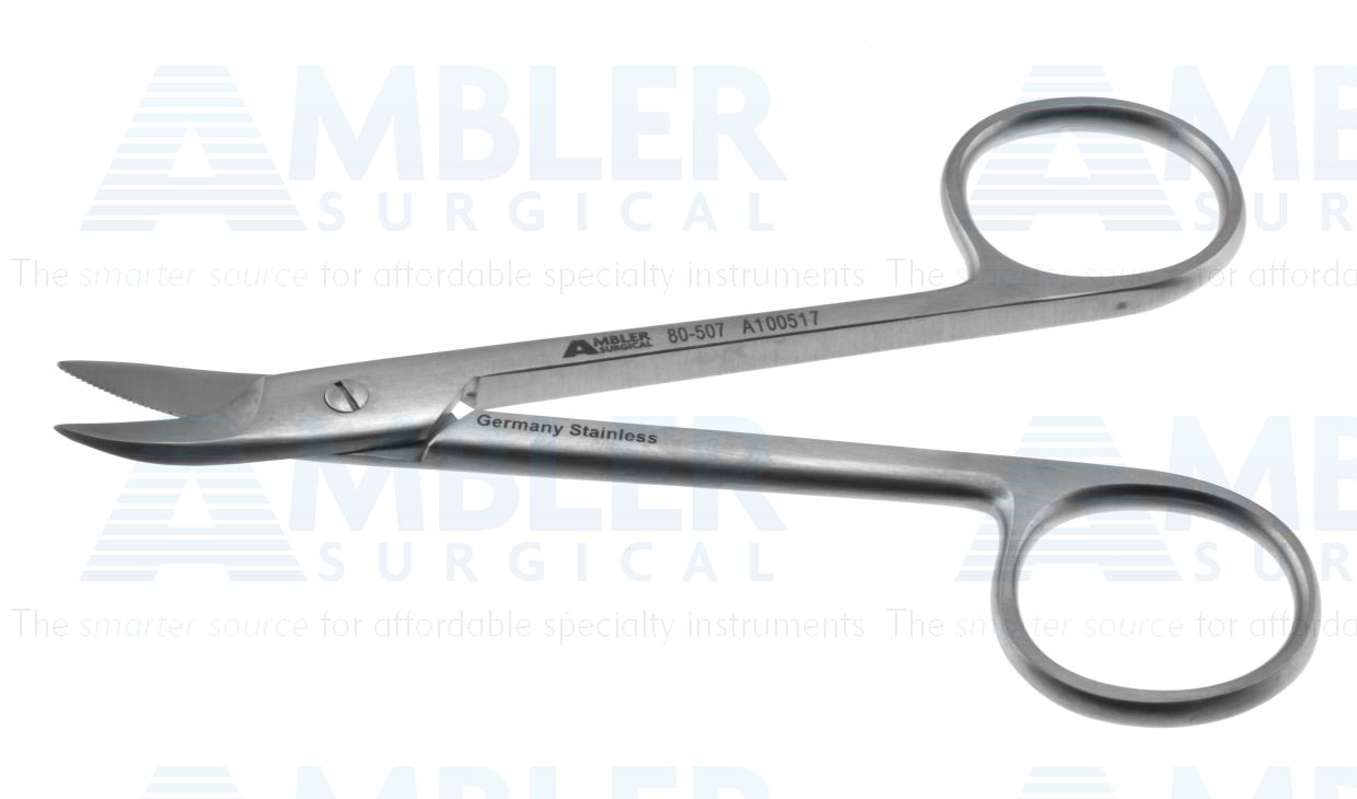 Wire cutting scissors, 4'', curved blades, serrated bottom blade, ring handle