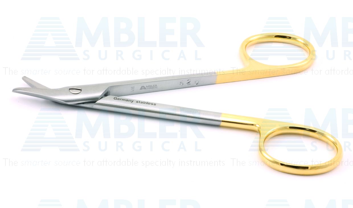 Wire cutting scissors, 4'',angled TC blades, serrated bottom blade, gold ring handle