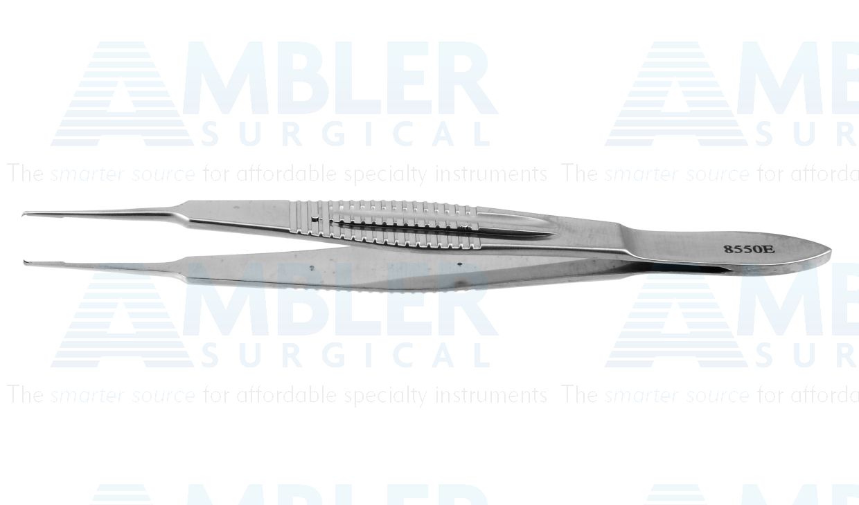 Castroviejo suturing forceps for laser, 4'',straight shafts, 0.5mm 1x2 teeth, flat handle