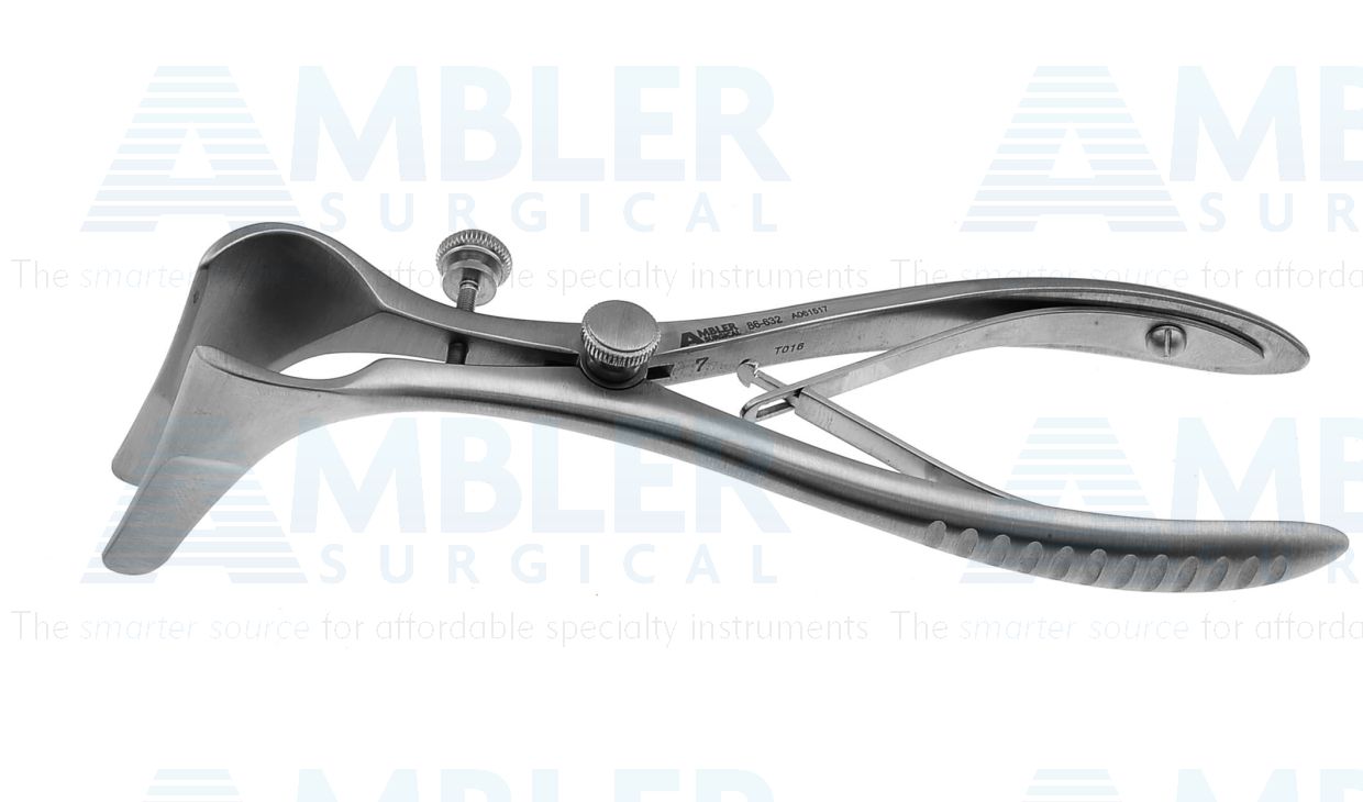 Tebbetts-style nasal speculum, 6'',thin 45.0mm blades, with set screw