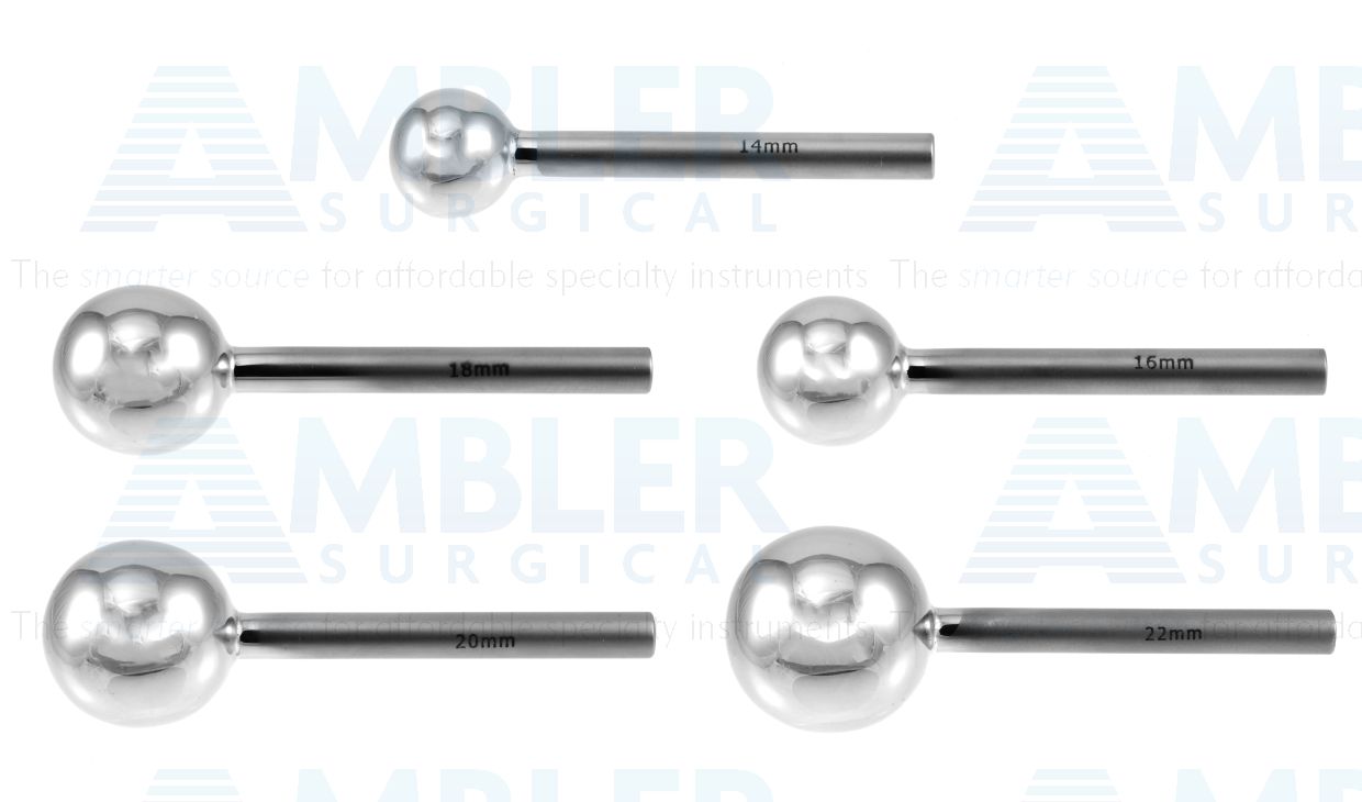 Orbital implant sizer, set of 5 includes 14.0mm, 16.0mm, 18.0mm, 20.0mm and 22.0mm diameter sizers, stainless steel, autoclavable (A1-014, A1-016, A1-018, A1-020 and A1-022)