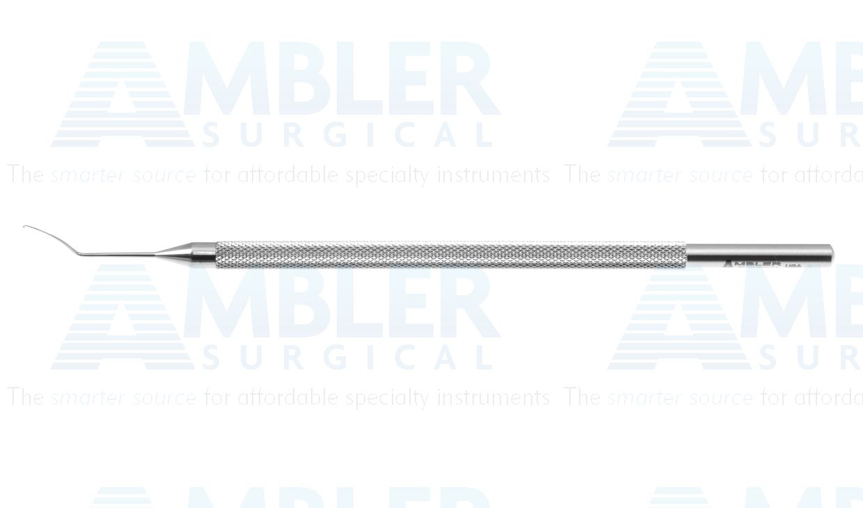 Hunkeler IOL manipulator, 4 1/2'',vaulted shaft, 10.0mm from bend to tip, 0.3mm diameter hemi-ball tip, round handle