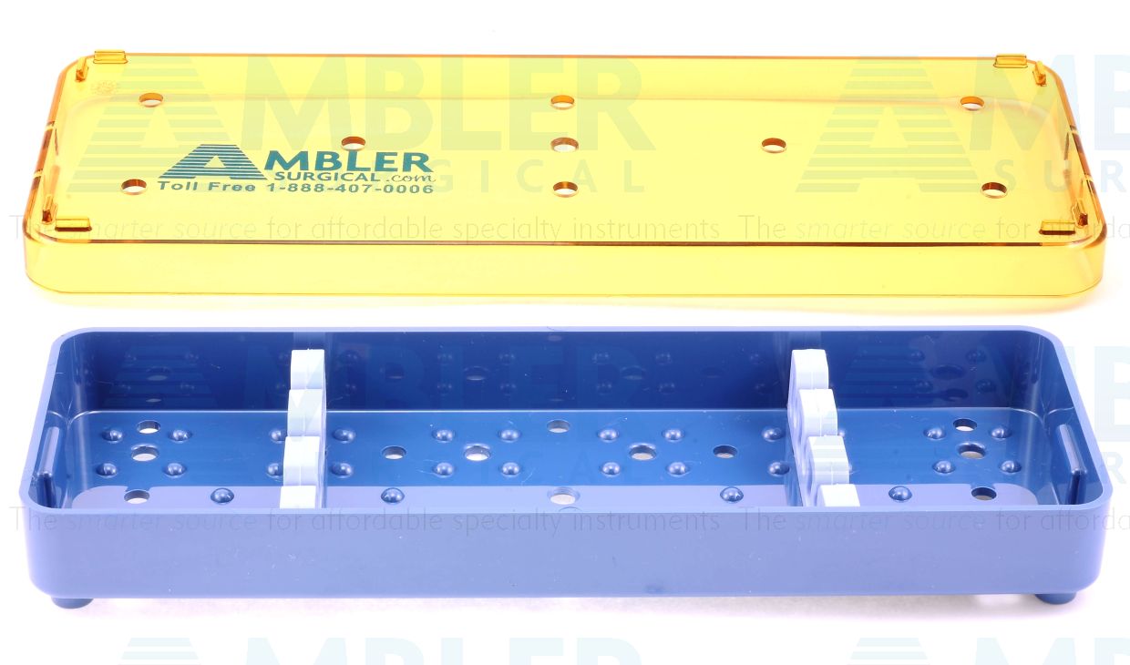 Diamond knife plastic sterilization tray, 2 1/2''W x 7 1/2''L x 3/4''H, base, lid, and 2 bars with 3 slots