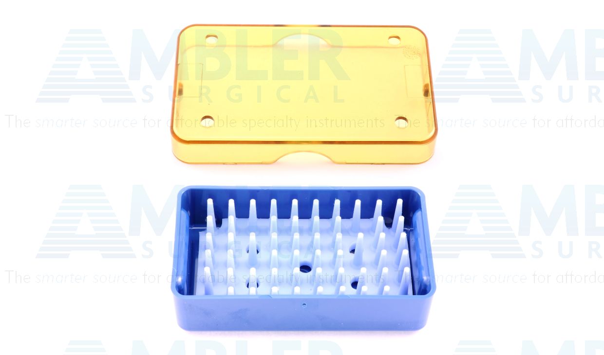 Mini plastic instrument sterilization tray, 1 1/2''W x 2 3/4''L x 3/4''H, base, lid, and silicone finger mat