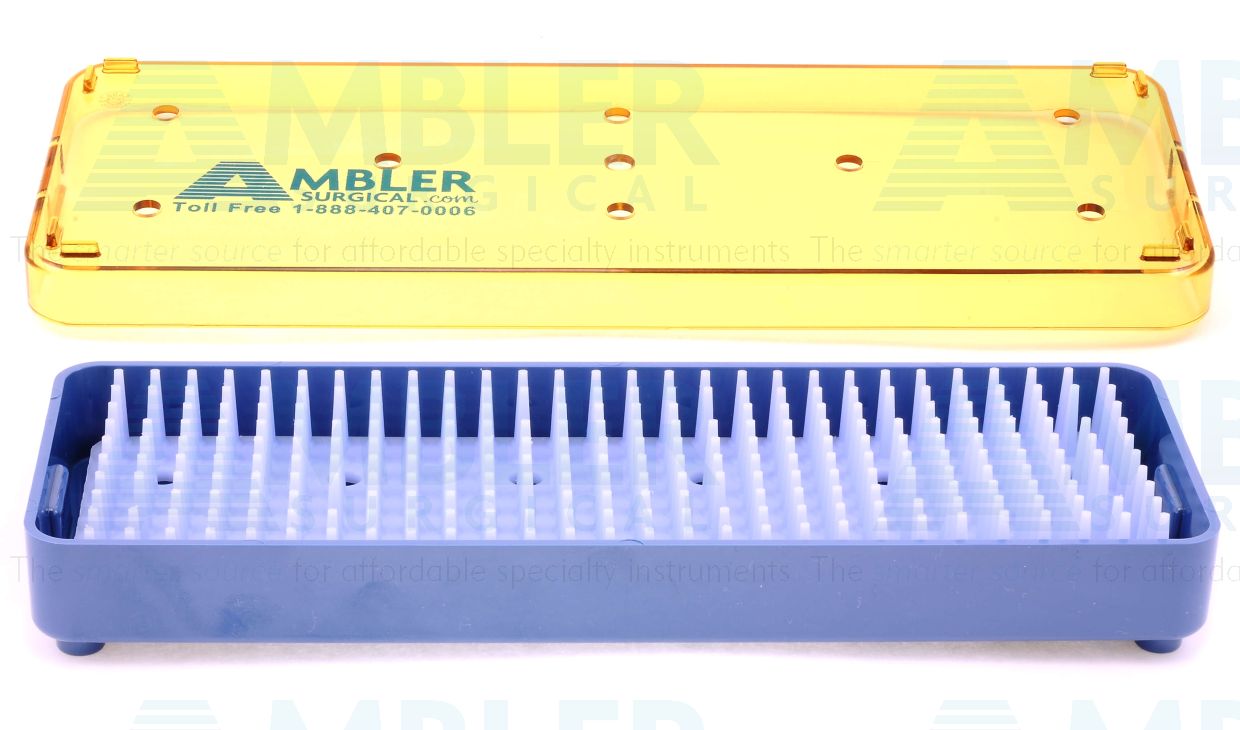 Microsurgical plastic instrument sterilization tray, 2 1/2'' W x 7 1/2'' L x 3/4'' H, base, lid, and silicone finger mat, accommodates 2-4 instruments