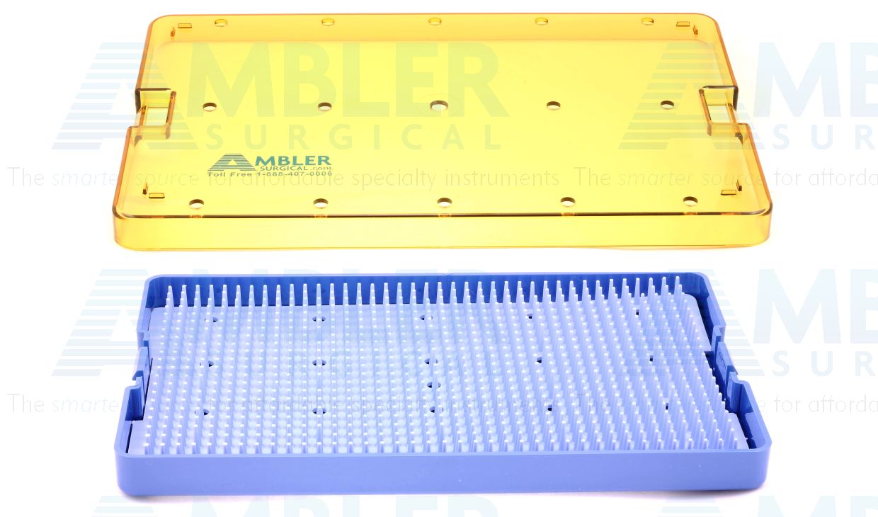 Microsurgical plastic instrument sterilization tray, 6'' W x 10'' L x 3/4'' H, base, lid, and silicone finger mat, accommodates 12-15 instruments