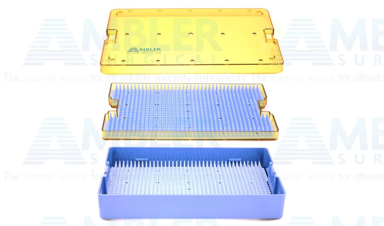 Microsurgical plastic instrument sterilization tray, 6'' W x 10'' L x 1 1/2'' H, double-level, deep base, insert tray, lid, and 2 silicone finger mats, accommodates 25 to 30 instruments