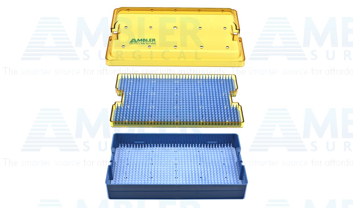 Microsurgical plastic instrument sterilization tray, 6'' W x 10'' L x 2'' H, double-level, deep base, insert tray, dome lid, and 2 silicone finger mats, accommodates 25 to 30 instruments