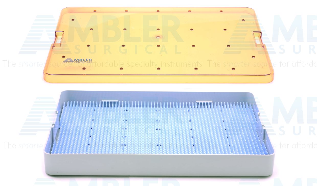 Microsurgical plastic instrument sterilization tray, 10'' W x 15'' L x 1 1/2'' H, deep base, lid, and silicone finger mat, accommodates 25-35 instruments