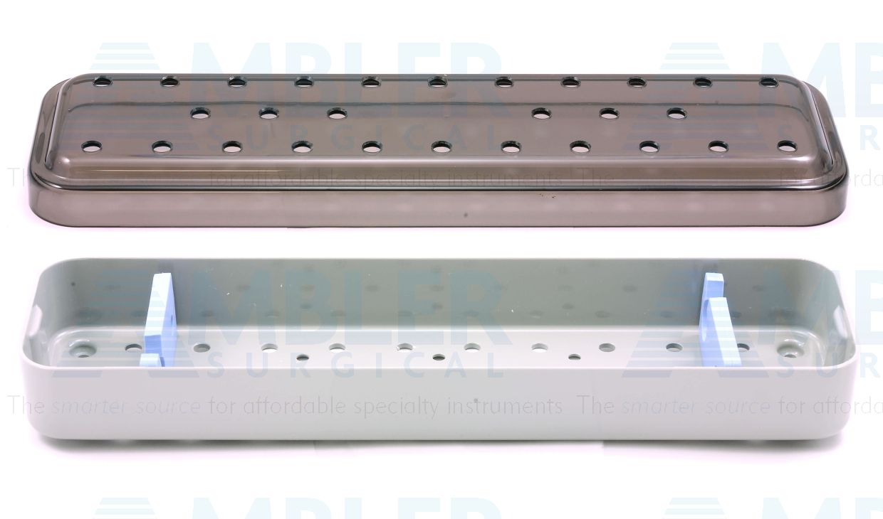 Plastic scope sterilization tray, 2 1/2''W x 12''L x 1 1/2''H, base, lid, and 2 bars, accommodates 2 scopes