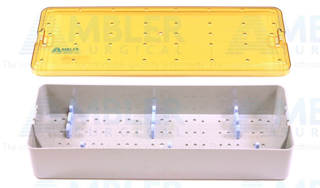 Plastic scope sterilization tray, 6 1/2''W x 18''L x 3''H, base, lid, and 6 bars, accommodates 4 scopes