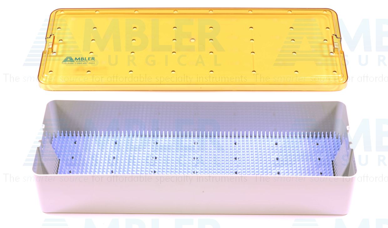Plastic scope sterilization tray, 6 1/2''W x 18''L x 3''H, base, lid, and silicone finger mat, accommodates 4 scopes
