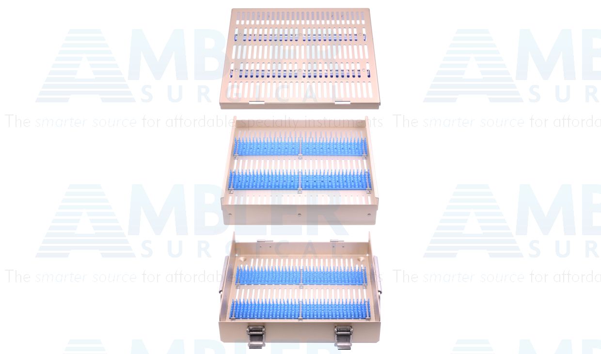 Microsurgical aluminum instrument sterilization tray, 10 1/2''W x 10 1/2''L x 2 1/2''H, double level, silicone finger strips