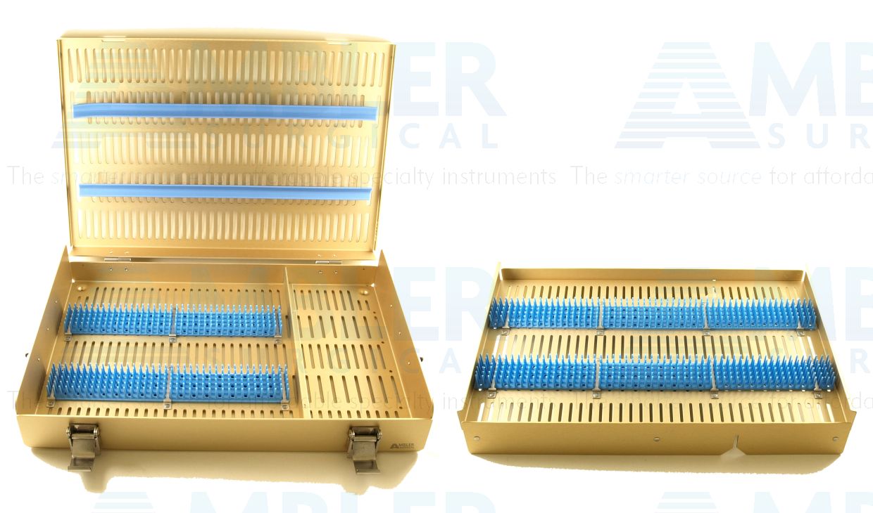 Microsurgical aluminum instrument sterilization tray, 10 1/2''W x 19 1/2''L x 2 1/2''H, double level, silicone finger strips, includes accessory area on bottom layer