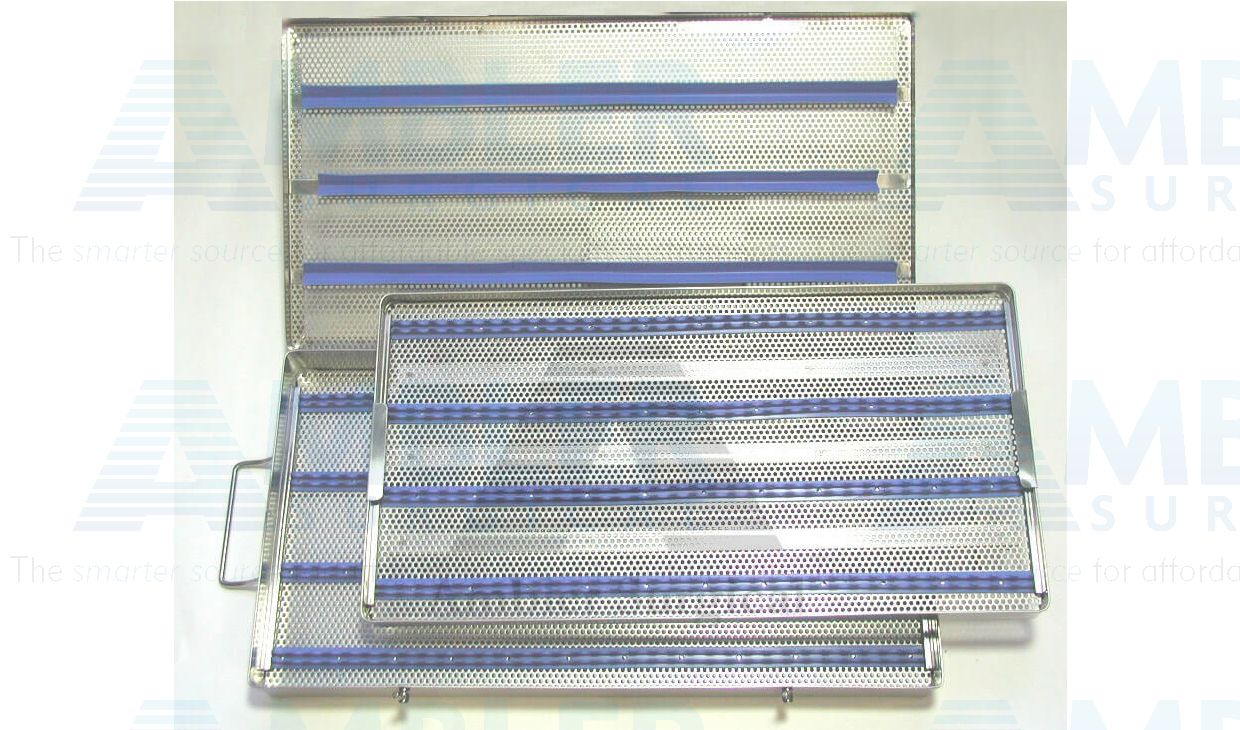 Microsurgical instrument sterilization tray, 10 1/2''W x 15''L x 2''H, double-level, silicone cushion on the top and scalloped silicone strips on bottom